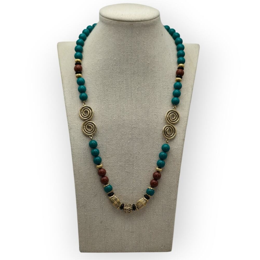1928 Jewelry Turquoise Blue & Brown Beaded Necklace Gold Spiral Accents